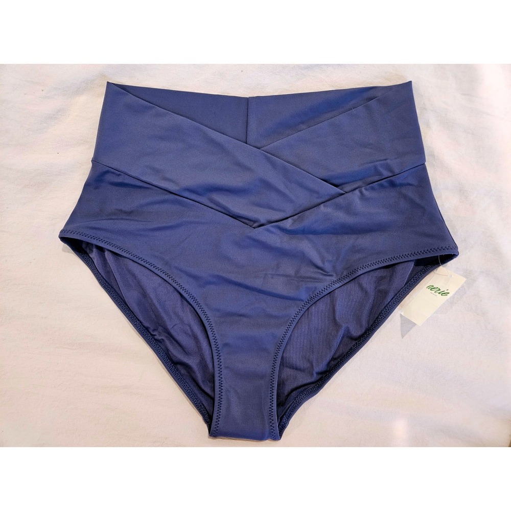 Aerie Real Good High Waisted Crossover Bikini Bottoms Navy Blue Small NWT